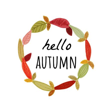 Autumn floral frame banner herbal backdrop colorful leaves  background with  hello autumn  text. Pencil crayon drawing. Vector illustration.のイラスト素材