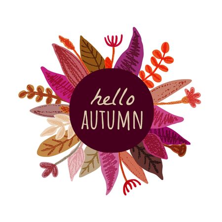 Autumn floral frame banner herbal backdrop colorful leaves  background with hello autumn text. Pencil crayon drawing. Vector illustration.のイラスト素材