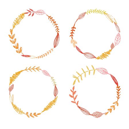 Floral wreath leaves frame silhouette colorful on isolated white. Pencil crayon hand drawn. Vector illustrationのイラスト素材