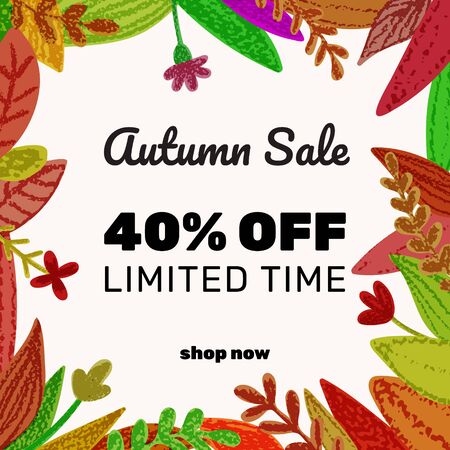 Autumn sale banner with discount text label and colored leaves for fall season shopping promotion.  Colorful leaves border or frame.   Pencil crayon drawing. Vector illustration.のイラスト素材