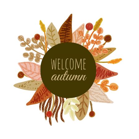 Autumn floral frame banner herbal backdrop colorful leaves  background with welcome autumn text. Pencil crayon drawing. Vector illustration.のイラスト素材