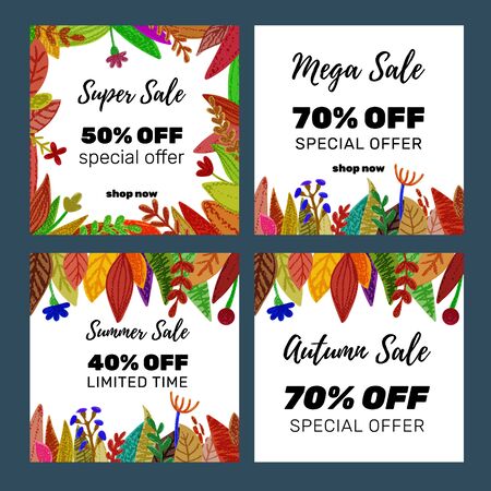 Autumn sale banner set with discount text label and colored leaves for fall season shopping promotion. Pencil crayon drawing.  Colorful leaves border or frame.  Vector illustration.のイラスト素材
