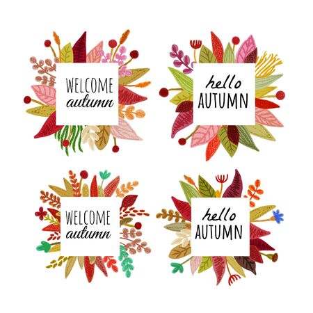 Autumn floral frame banner herbal backdrop colorful leaves  background with place hello autumn text. Pencil crayon drawing. Vector illustration.のイラスト素材