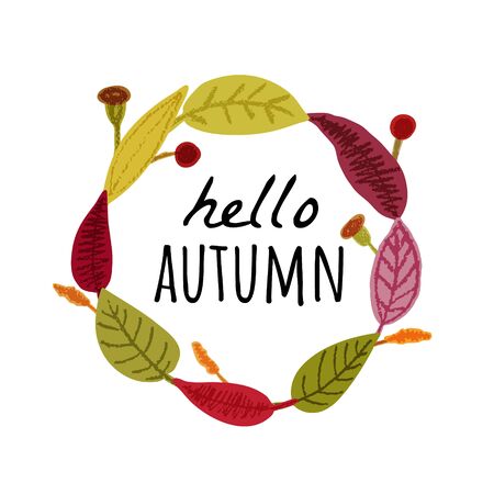 Autumn floral frame banner herbal backdrop colorful leaves  background with  hello autumn  text. Pencil crayon drawing. Vector illustration.のイラスト素材