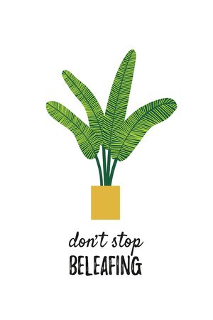 Palm tree house plant drawing.  Poster or card with plant quote. Hand drawn flat cartoon illustration. Isolated on white. Vectorのイラスト素材