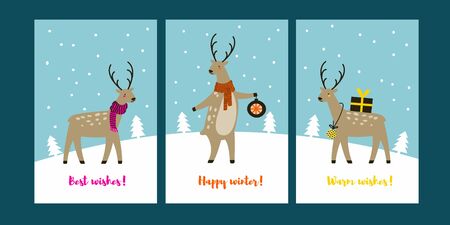 Christmas reindeer character. Ser of winter season greeting cards. Cute deer drawing. Colorful cartoon background. Vector illustration.のイラスト素材