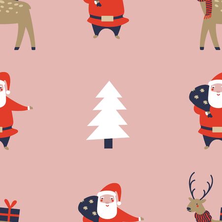 Christmas seamless pattern with funny Christmas reindeer character, Santa Claus and a fir tree. Winter holidays repeatable background. Vector illustration.のイラスト素材