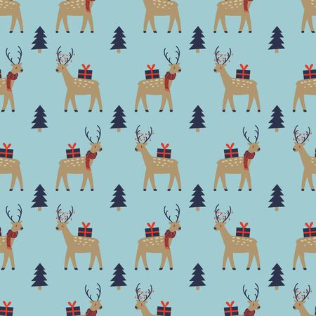 Christmas seamless pattern with funny Christmas reindeer character and a fir tree. Winter holidays repeatable background. Vector illustration.のイラスト素材