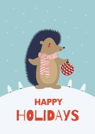 Christmas animal character. Cute hedgehog. Winter season greeting card. Colorful cartoon background. Vector illustration. のイラスト素材