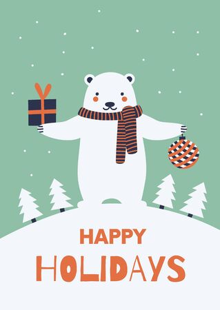 Christmas greeting card. North Pole White Bear. Cute character design. Winter season poster. Colorful cartoon drawing. Vector illustration. のイラスト素材