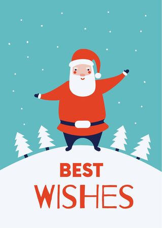 Christmas greeting card. Santa Claus cute character design. Winter season poster. Colorful cartoon drawing. Vector illustration. のイラスト素材