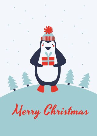 Christmas animal character. Cute penguin holding New Year present. Winter season greeting card. Colorful cartoon background. Vector illustration. のイラスト素材