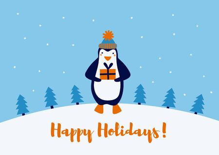 Christmas animal character. Cute penguin holding New Year present. Winter season greeting card. Colorful cartoon background. Vector illustration. のイラスト素材