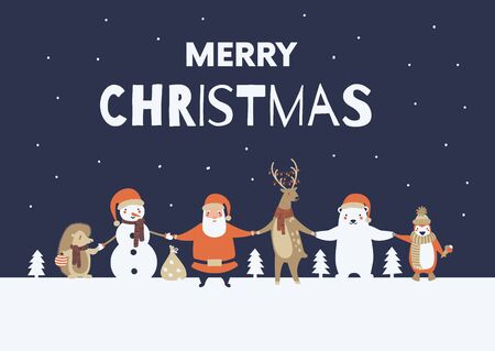 Christmas greeting card with cute animal characters. Funny Bear, Penguin, Santa Claus, Reindeer, Snowman, Hedgehog holding hands. Colorful vector illustration. のイラスト素材