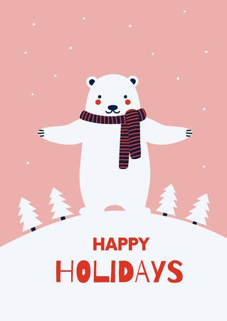Christmas greeting card. North Pole White Bear. Cute character design. Winter season poster. Colorful cartoon drawing. Vector illustration. のイラスト素材