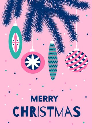 Pink Christmas background, greeting poster or card.  Fir tree brach with cute hanging Christmas decoration balls.  Colorful illustration in cartoon flat styleのイラスト素材