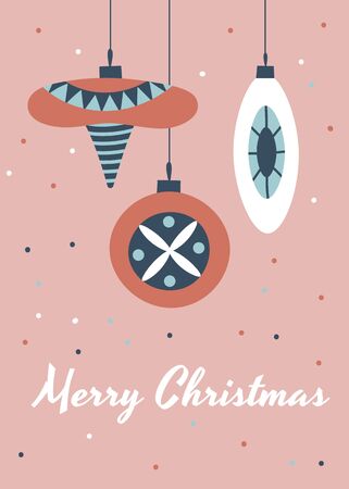 Merry Christmas greeting poster or card.  Cute hanging Christmas decoration balls.  Colorful illustration in cartoon flat styleのイラスト素材