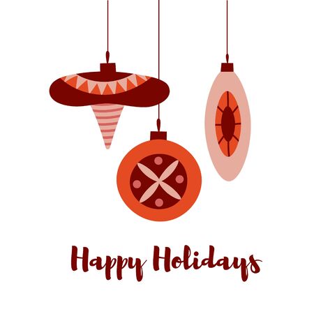 Christmas background with cute hanging Christmas decoration balls.  Colorful illustration in cartoon flat styleのイラスト素材