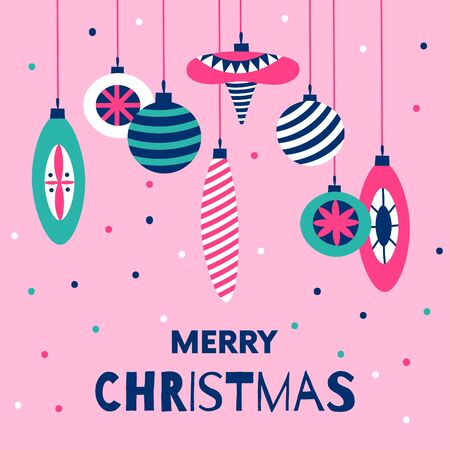 Pink Christmas greeting poster or card.  Cute hanging Christmas decoration balls.  Colorful illustration in cartoon flat styleのイラスト素材