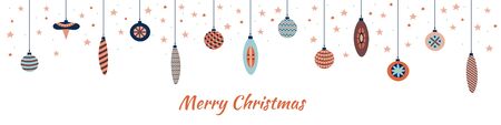 Christmas background with cute hanging baubles. Christmas decoration balls.  Colorful illustration in cartoon flat styleのイラスト素材