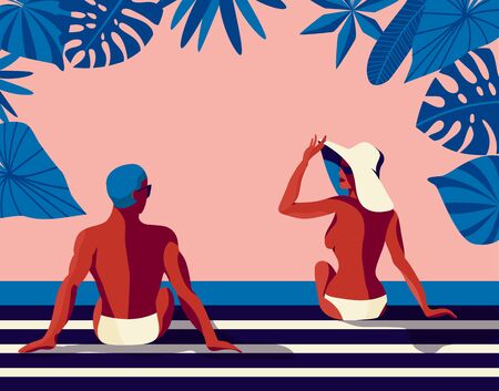 Retro summer poster with  a handsome man and beautiful woman talking and sunbathing. Vintage banner with a happy couple. Great banner for beach party, hotel vacation ads. Summer background. Vector.のイラスト素材