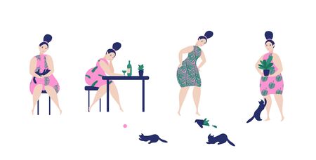 Plant lady and cat lover character set.  Cute young woman with house plant and a cat. Colorful flat cartoon illustration.のイラスト素材