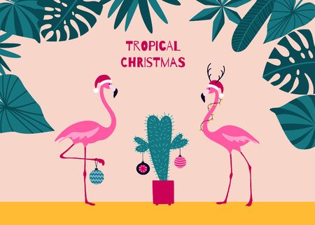 Tropical Christmas greeting card with flamingos decorating a cactus as a Christmas tree. Cute illustration for seasonal holidays in flat cartoon styleのイラスト素材