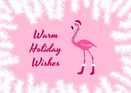 Warm holiday wishes christmas card. Pink Flamingo in Santa Hat, Garland and Shoes. Fir tree frame. Cute winter banner. Vector illustration.のイラスト素材