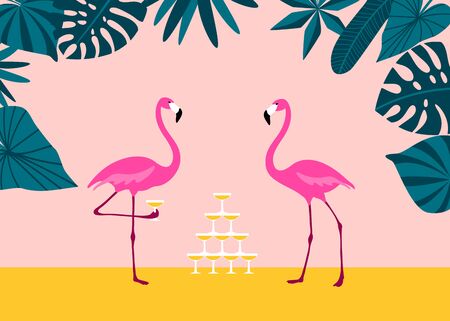 Pink Flamingo drinking margarita from champagne tower on tropical beach. Exotic birds. Cute cartoon flat design. Vector.のイラスト素材