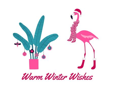 Pink flamingo Christmas and happy New Year greeting card. Warm winter wishes.のイラスト素材