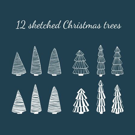 Fir tree line drawing set. Hand drawn Christmas trees collection isolated on white.のイラスト素材