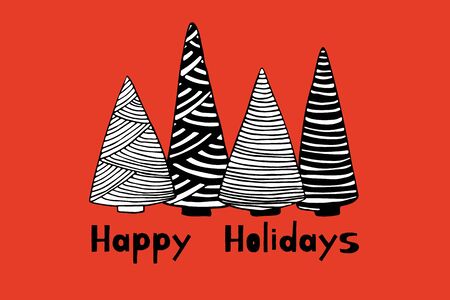 Christmas cards with doodle sketch of fir trees. Line drawing. Hand drawn illustration.のイラスト素材