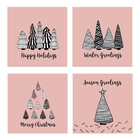 Christmas cards set with doodle sketch of fir trees. Line drawing. Hand drawn illustration.のイラスト素材