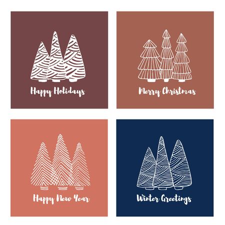 Christmas cards set with doodle sketch of fir trees. Line drawing. Hand drawn illustration.のイラスト素材