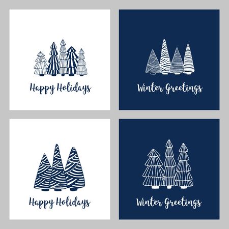 Happy Holidays greeting cards set with doodle sketched fir trees. Line drawing for winter season. Hand drawn illustration. Vectorのイラスト素材