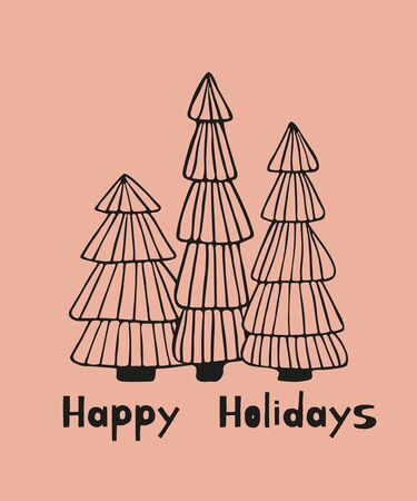 Happy Holidays greeting card with doodle sketched fir trees. Line drawing. Hand drawn illustration. Vectorのイラスト素材