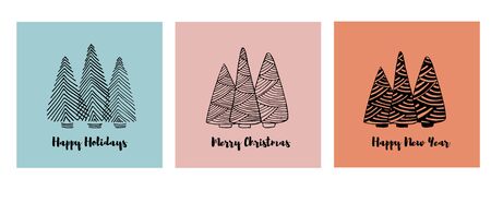 Merry Christmas greeting cards set with doodle sketched fir trees. Line drawing. Hand drawn illustration. Vectorのイラスト素材