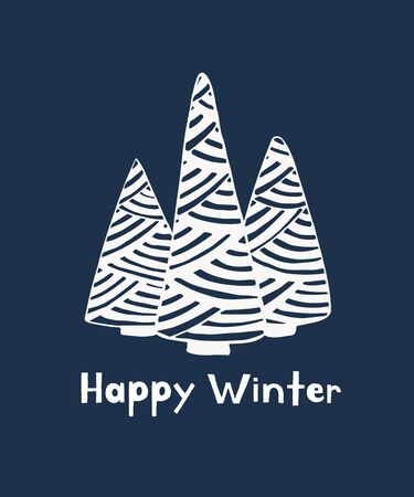 Happy Winter greeting card with doodle sketched fir trees. Line drawing. Hand drawn illustration. Vectorのイラスト素材