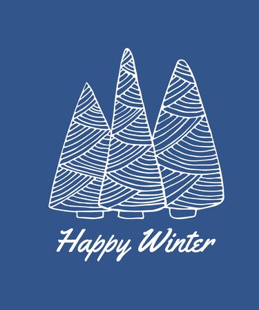 Happy Winter greeting card with doodle sketched fir trees. Line drawing. Hand drawn illustration in blue color. Vectorのイラスト素材