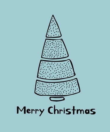 Merry Christmas greeting card with doodle sketched fir trees. Line drawing. Vector.のイラスト素材