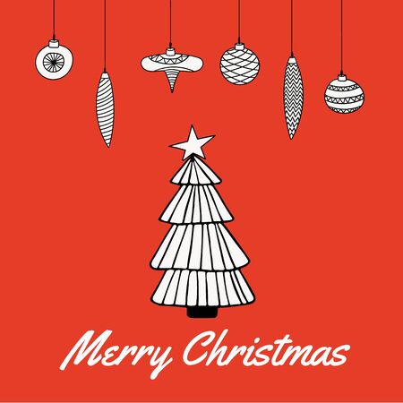 Cute Merry Christmas greeting card with Christmas tree and hanging Christmas decortion bauble. Line drawing. Vector illustration.のイラスト素材