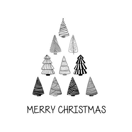 Cute Merry Christmas greeting card with Christmas trees set in form of tower of pyramide. Line drawing. Vector illustration.のイラスト素材