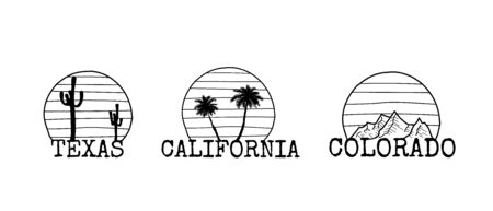 Texas, Colorado and California symbol line drawing. Palm tree, cactus, mountain elements. Vector sketch illustration isolated on white.のイラスト素材