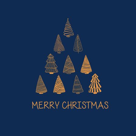 Cute Merry Christmas greeting card with gold Christmas trees set in form of tower of pyramide. Line drawing. Vector illustration.のイラスト素材
