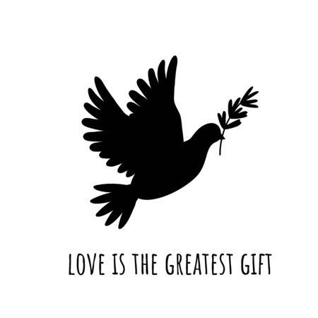 Pigeon silhouette with olive branch. Dove bird isolated on white. Symbol for peace, love, faith and hope.のイラスト素材