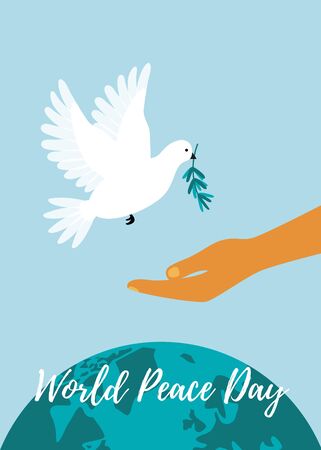 Peace Day poster with white pigeon holding an olive branch. Dove giving peace symbol to a human hand over the earth globe.のイラスト素材