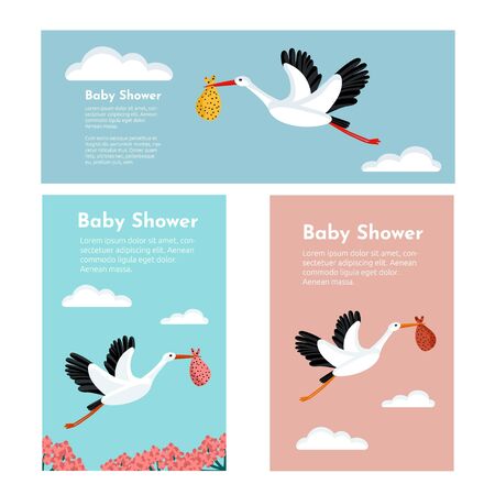 Baby shower invitation cards set with stork flying and carrying a bundle. Cute colorful vector illustration.のイラスト素材