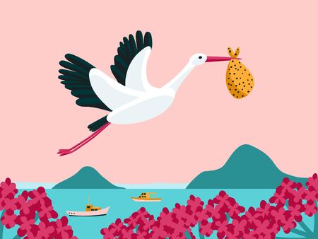 White stork flying and carrying a bundle. Great as baby shower invitation of symbol for pregnancy or delivery. Cute colorful vector illustration.のイラスト素材