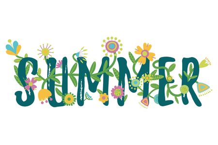 Summer typography text design decorated with flowers. Floral concept. Colorful vector illustration. Flat cartoonのイラスト素材
