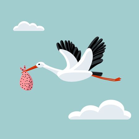White stork flying and carrying a bundle. Symbol for baby shower, news, delivery, pregancy. Cute colorful vector illustration.のイラスト素材